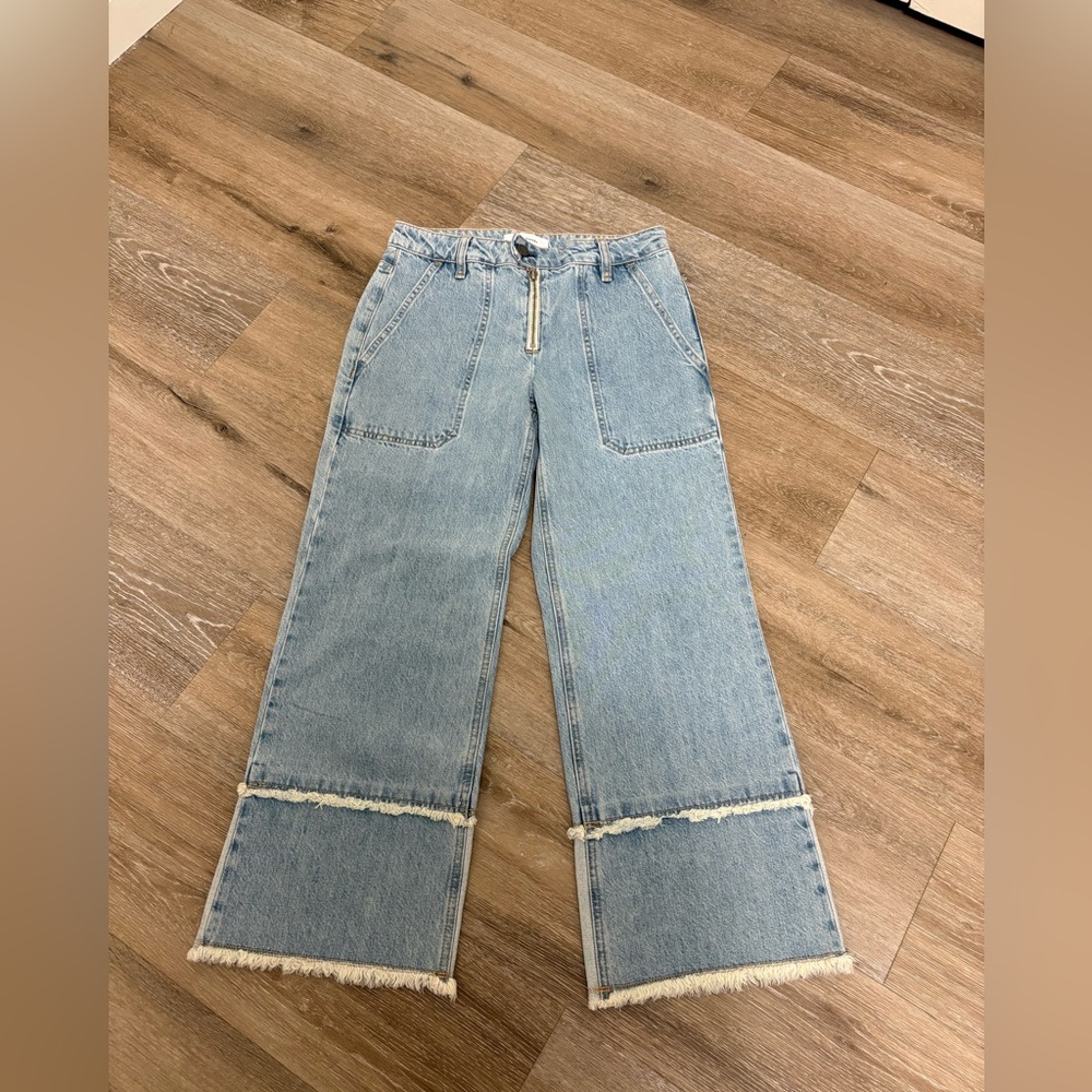 Ei8ht Dreams High-Rise Wide Leg Cropped Jeans Size 26 Raw Hem Patchwork Denim